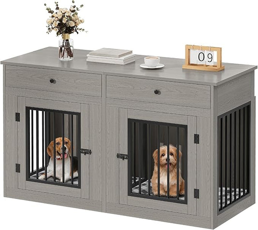 YITAHOME 60" Wooden Dog Crate Furniture with Removable Divider & Storage Drawers, Double Door Kennel with Locks for Medium and Large Dogs, Multi-Functional Dog Crate End Table for Indoor use, Grey
