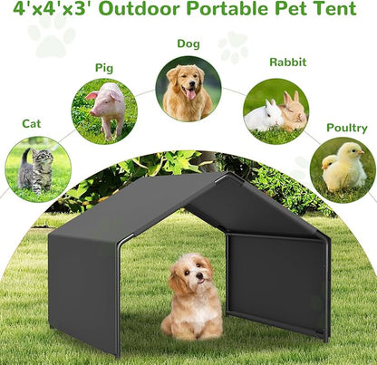 Dog Shade Shelter Outdoor, 4'x4'x3' Extra Large Dog Tent Outdoor, Dog Shade for Outside with Waterproof Roof, Grey Sun Rain Cover for Pet Cat Goat Pig Small Animals and Livestock
