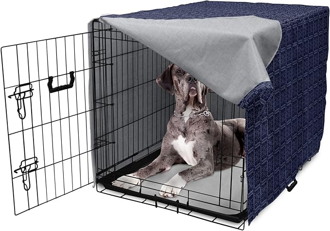 Ambesonne Abstract Geometry Dog Crate Cover, Style Motifs in Squares Rhythmic Arrangement, Easy to Use Pet Kennel Cover for Medium Large Dogs, 48 Inch, Blue White
