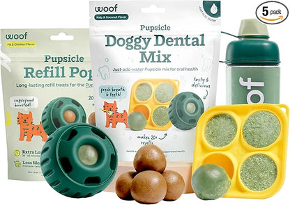 WOOF Dental Kit- Includes Pupsicle Dog Toy, Treat Tray, Shaker Bottle, Chicken Pupsicle Pops, and Dog Teeth Cleaning Powder - Supports Oral Health for Dogs - Small