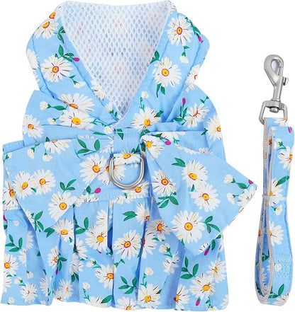 Dora Bridal 2 Pack Dog Dress Harness Vest with Leash, No Pull Cat Small Medium Girl Pet Floral Harness Leash Set, Cute Puppy Fruit Outfit Clothes with Bow, Mesh Princess Costume for Outdoor Walking