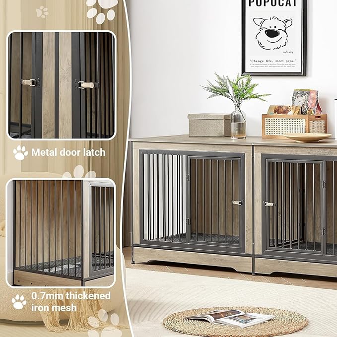 Rovibek 75'' Double Dog Crate Furniture for 2 Large Dogs, Heavy Duty Furniture Style Dog Crates End Table, Wood Crates for Dogs Kennel Indoor with Double Door, Grey