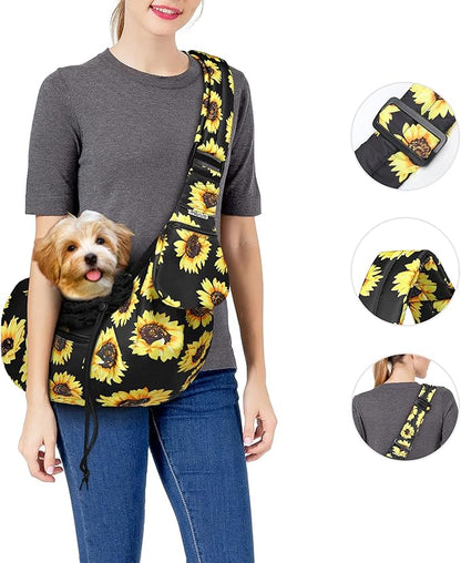 MOSISO Dog Cat Carrier Sling Bag, Small Pet Carrier Sunflower Tote Bag Hands Free Adjustable Padded Strap Breathable Polyester Soft Carrying Travel Shoulder Bag with Front Pocket for Dogs Cats, Black