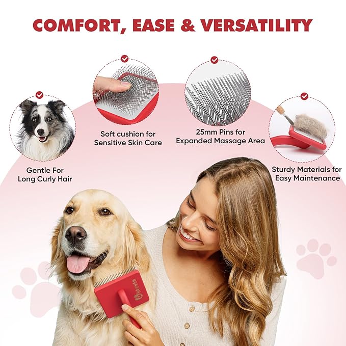 Dog Slicker Brush for Dogs - Doodle Brush for Poodles - Grooming & Slicker for Goldendoodles - Soft and Comfortable, Easy to Clean (Red)