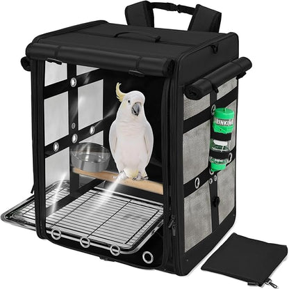 Suertree Bird Carrier Travel Cage, Cockatoo Carrier, Parrot Travel Backpack with Unbreakable Stainless Steel Mesh, Perch, Water Bottle and Food Bowl, X-Large Black