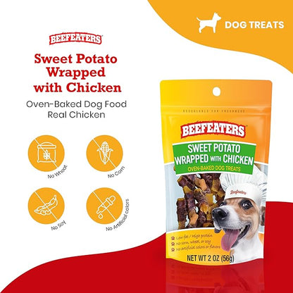 Beefeaters Dog Treats - Sweet Potato Wrapped with Chicken 2oz, Case of 12 | Dog Food No Corn/Wheat/Soy/Gluten | Low Fat, Grain-Free, Training & Rewards | Dog Training Treats for All Dog Sizes