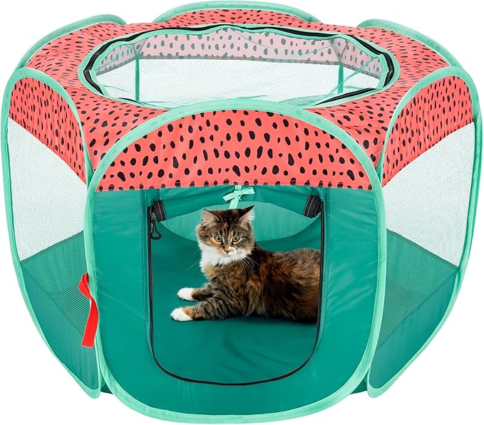 Furhaven Portable Dog Playpen Cat Tent, Pet Playground/Kennel Foldable Indoor Outdoor Zippered Puppy Crate - Green & Pink, Small