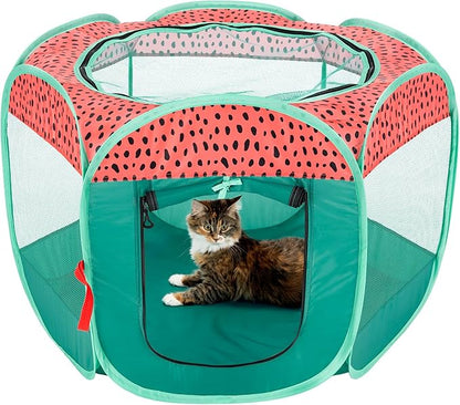 Furhaven Portable Dog Playpen Cat Tent, Pet Playground/Kennel Foldable Indoor Outdoor Zippered Puppy Crate - Green & Pink, Small