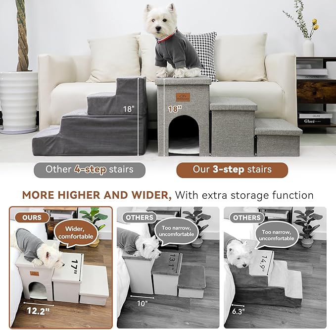 Dog Stairs with Condo 17.5" H, 3-Step Wider Dog Steps for High Beds Couch, Folding Storage Pet Stairs Gift for Small/Medium/Large Dogs Cats, Dog Ramp for Climbing Car Hold Up to 200 lbs, Beige Gray