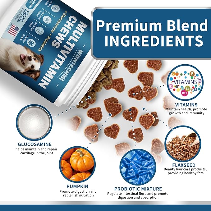 Dog Multivitamin, Glucosamine Chondroitin for Dogs, Krill Oil, Probiotics, Dog Vitamins and Supplements for Heart, Hip & Joints, Immune Health, Digestion, Skin, Coat (180 Chews, Wagyu Beef)
