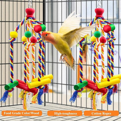 2 Pack Dangly Rope Bird Toys, Parakeet & Conure Toys with Multicolored Natural Wood, Chewing Toy Hanging Bird Cage Accessories for Parakeet Conure Cockatiel Parrot Lovebird