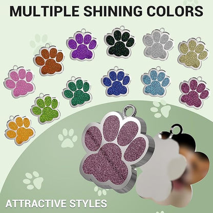 Dog Tags Personalized for Pets Glitter Paw Print Stainless Steel Dog Tag Cute Dog Name Tag Bulk Dog Tags for Wholesale (12 Pieces)