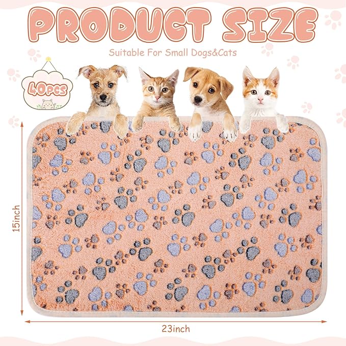 Chumia 40 Pcs Blankets Soft Fluffy Fleece Washable Pet Dog Sleep mat Paw Print Pattern Fleece Blankets for Pets Throw Warm Bed Mat for Dog Puppy Cat(24 x 16 Inch,Brown, White, Black, Blue)