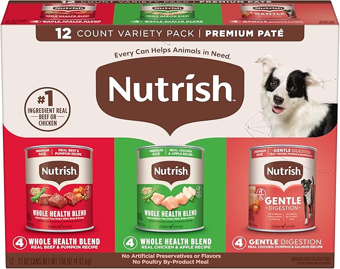 Nutrish Gentle Digestion and Whole Health Blend Premium Paté Variety Pack Wet Dog Food, 13 oz. Can, Pack of 12, Packaging May Vary (Rachael Ray)