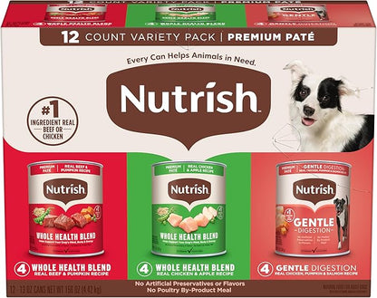 Nutrish Gentle Digestion and Whole Health Blend Premium Paté Variety Pack Wet Dog Food, 13 oz. Can, Pack of 12, Packaging May Vary (Rachael Ray)