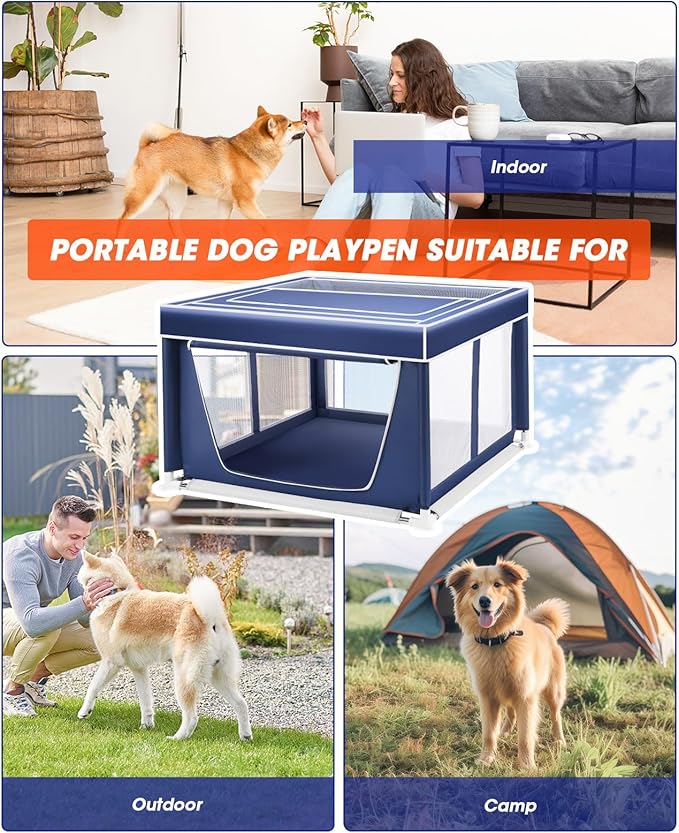 Dog Playpen 42 _ 42 Inch,Breathable Puppy PlayPen with Gate and Removable Cover,Thickened Oxford Fabric Dog Play Pen for Indoor & Outdoor,Safe and Sturdy Pet Fence(Blue White)