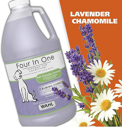 Wahl USA 4-in-1 Calming Pet Shampoo for Dogs  Cleans, Conditions, Detangles, & Moisturizes with Lavender Chamomile - Pet Friendly Formula  64 Oz - Model 821000-050
