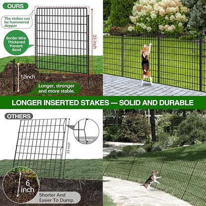 10 Panels Garden Fencing Animal Barrier, 33 in(H) X 24 ft(L) Dog Fence Outdoor for Yard Rustproof No Dig Decorative Tall Garden Fence Metal Wire Panel Border Patio Rabbit Ground Stakes Fencing