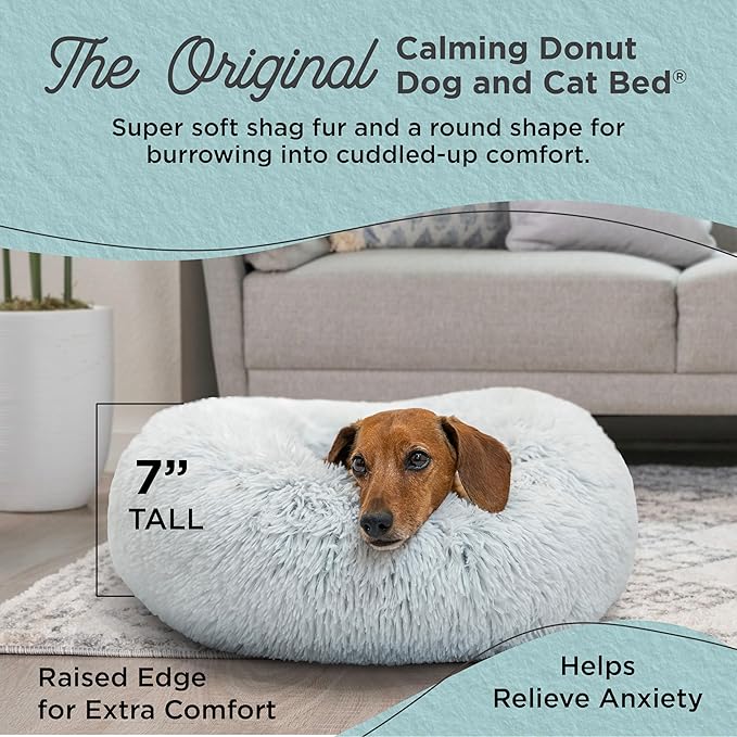 Best Friends by Sheri Original Calming Donut Dog and Cat Bed, Shag Faux Fur, Frost Gray, (23in x 23in) - Anxiety Relief for Pets Up to 25 lbs