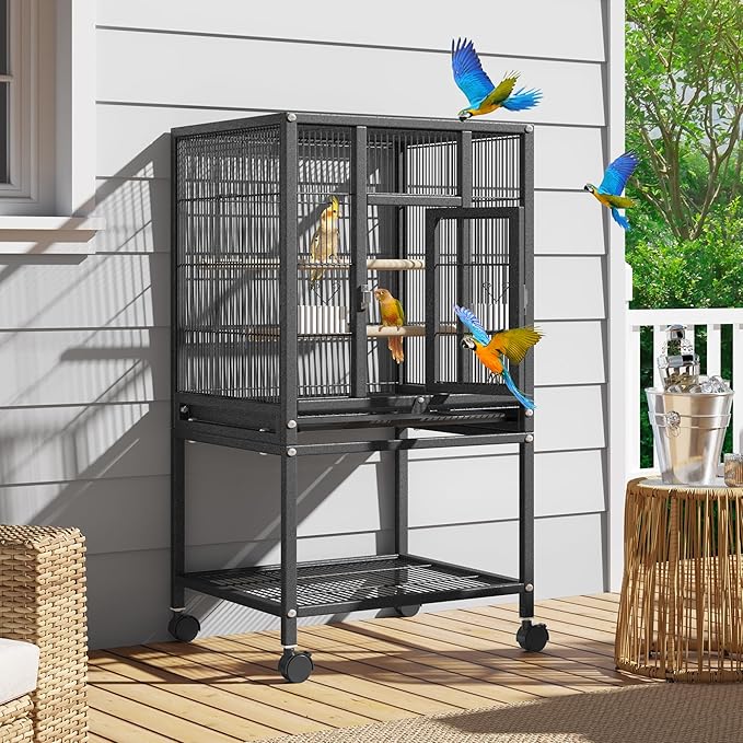 YITAHOME 41 inches Metal Bird Cage for Parakeets: Large Parrot Cages with Tray, Food Boxes, and Wooden Perches with Rolling Stand & Brakes for Lovebirds Cockatiels Pigeon Finches, Black