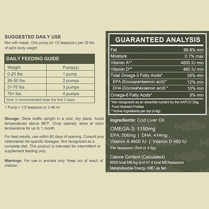Pure Cod Liver Oil for Dogs - 16 oz - Contains Omega 3, Omega 6, Vitamin A, and Vitamin D to Reduce Itching and Promote Skin and Coat, Heart, Joint, and Immune Health - Pump Cap Bottle