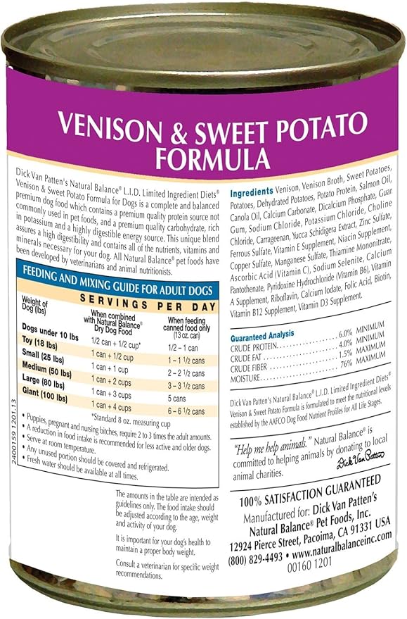 Natural Balance L.I.D. Limited Ingredient Diets Canned Wet Dog Food, Grain Free, Venison And Sweet Potato Formula, 13-Ounce (Pack Of 12)