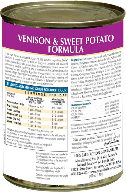 Natural Balance L.I.D. Limited Ingredient Diets Canned Wet Dog Food, Grain Free, Venison And Sweet Potato Formula, 13-Ounce (Pack Of 12)