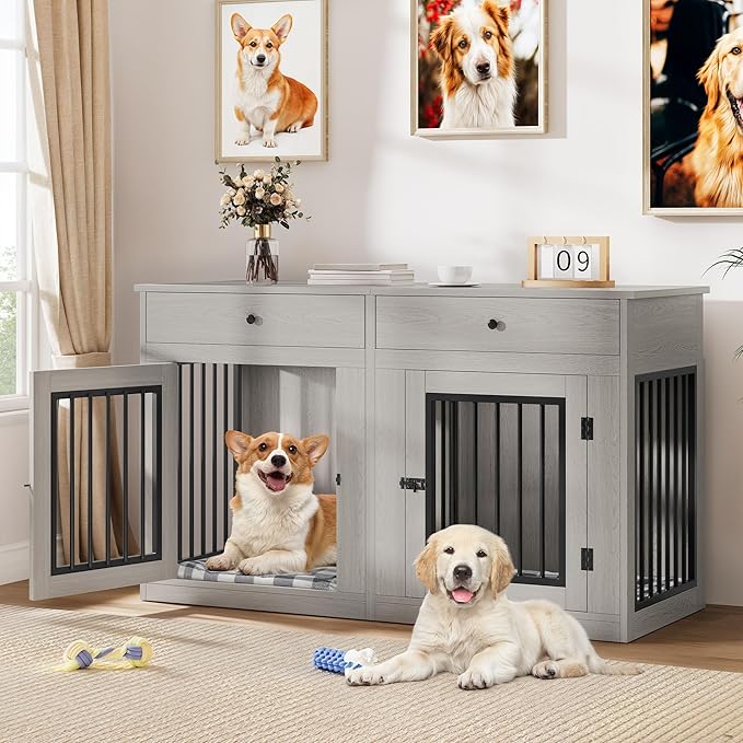YITAHOME 60" Wooden Dog Crate Furniture with Removable Divider & Storage Drawers, Double Door Kennel with Locks for Medium and Large Dogs, Multi-Functional Dog Crate End Table for Indoor use, Grey