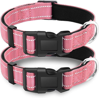 2 Pack Reflective Dog Collar with Safety Locking Buckle, Adjustable Soft Breathable Comfortable Nylon Pet Collar for Small, Medium and Large Dogs, Pink, L