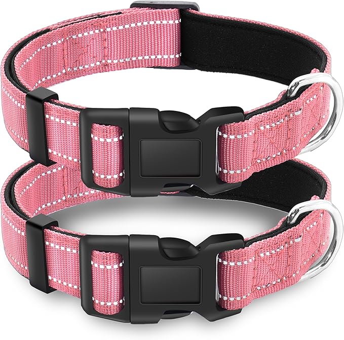 2 Pack Reflective Dog Collar with Safety Locking Buckle, Adjustable Soft Breathable Comfortable Nylon Pet Collar for Small, Medium and Large Dogs, Pink, S