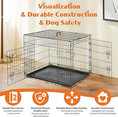 Double Door Dog Crate, Durable Metal Foldable Pet Crate with Secure Lock, Removable Tray for Easy Cleaning for Dogs Portable Pet Crate for Indoor, Outdoor, 30 Inch