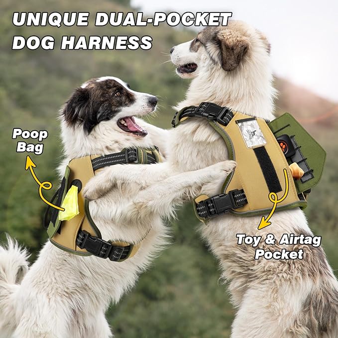 WINGOIN Tactical Dog Harness for Extra Large Dogs, No Pull Harness with Handle Pockets Poop Bag, Reflective Dog Vest, Military Service Heavy Duty Big Dog Harness for Walking Hiking Training, Khaki, XL