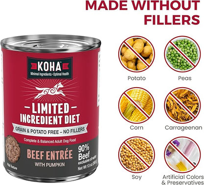 KOHA Limited Ingredient Diet Beef Entrée for Dogs - Grain Free Wet Dog Food with No Fillers - Sensitive Stomach Beef Dog Food 13 oz Pack of 12