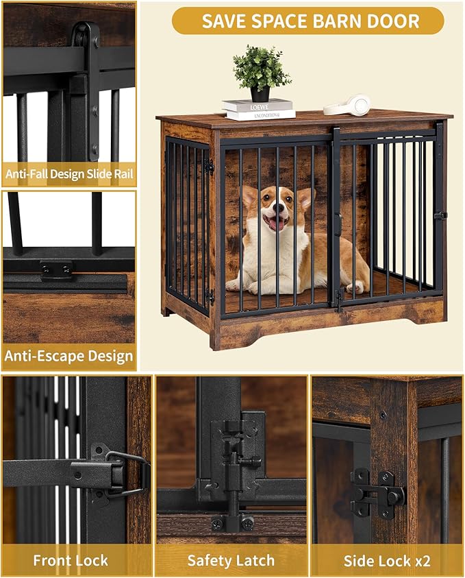 Dog Crate Furniture, 32" Double Door Dog Crate with Barn Door, Dog Kennel Indoor, End Side Table Wooden Dog Crates for Small Medium Large Dogs, Anti-Chew Anti-Escape, Rustic Brown DFC83601B