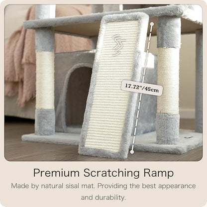 Ouritsu Cat Tree, 35 inch Cat Tower for Large Cat Indoor, 1 Widened Top Perch, 2 Enlarged Condos, Fluffy Basket, Scratching Posts and Ramp, Light Gray, MF001GA