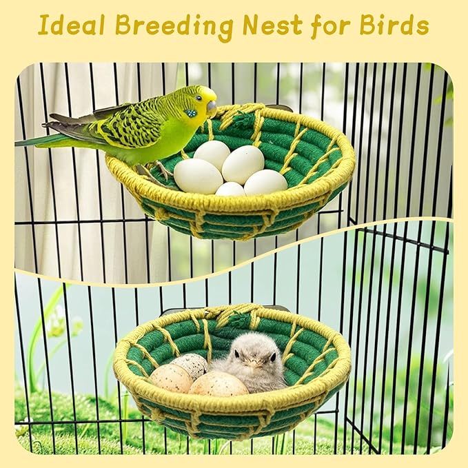Bird Nest for Cage,Parrot Breeding Nest,Handwoven Cotton Rope Parakeet Bed,Canary Nesting House for Budgie,Finch,Cockatiel,Conure,Lovebird, Small Birds,Green&Yellow