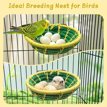 Bird Nest for Cage,Parrot Breeding Nest,Handwoven Cotton Rope Parakeet Bed,Canary Nesting House for Budgie,Finch,Cockatiel,Conure,Lovebird, Small Birds,Green&Yellow