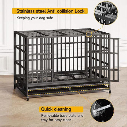 48/42/38 Inch Heavy Duty Indestructible XL Dog Crate Steel Escape Proof, Indoor Double Door High Anxiety Cage, Removable Tray, Kennel with Wheels, Extra Large XXL