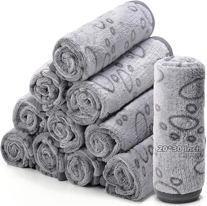 Tegeme 12 Pieces Pet Blanket Soft Fleece Dog Fluffy Doggie Warm Felt Throw Spring Cute Paw Print Puppy Kitten Sleep Mat Bed Covers for Cat(30 x 20 Inch,Gray)