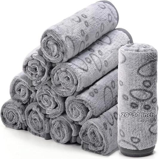 Tegeme 12 Pieces Pet Blanket Soft Fleece Dog Fluffy Doggie Warm Felt Throw Spring Cute Paw Print Puppy Kitten Sleep Mat Bed Covers for Cat(30 x 20 Inch,Gray)