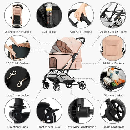 Medium Dog Stroller, Kenyone Pet Stroller for Medium Dogs Up to 55lbs, Lightweight Aluminum Frame, One Click Folding, Large Cat Stroller with No Zip Entry, Detachable Mesh, Multiple Pockets