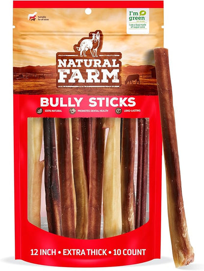 Natural Farm Odor-Free Thick Bully Sticks (12, 10-Pack) All-Natural Long-Lasting Dog Chews, 100% Beef Pizzle, Grass-Fed, Grain-Free, Protein for Muscle Development & Energy, Perfect for Large Dogs