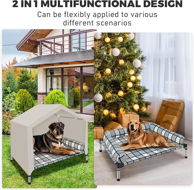 Elevated Dog Pet Bed House - Weatherproof 2-in-1 Indoor Outdoor Pet Cot with Canopy Cooling Portable Raised Dog Bed with Pillow for Camping Beach (DMHK-22)