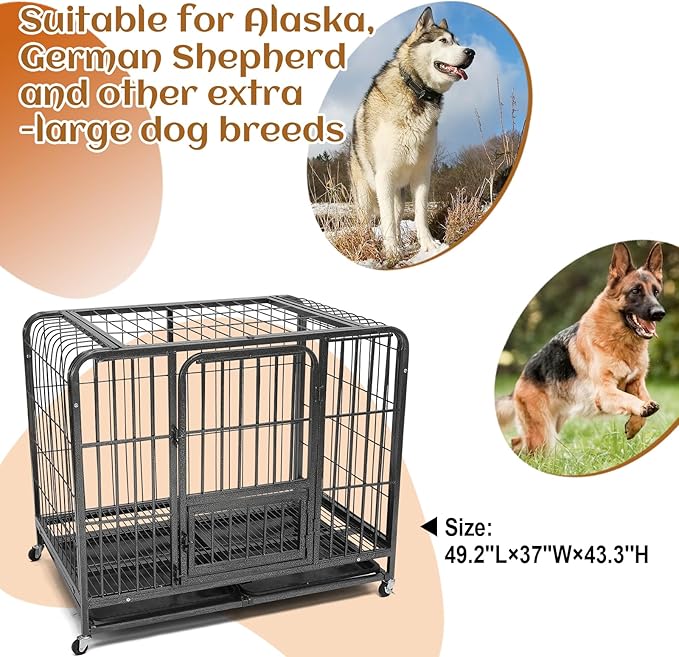 49.2Inch Indestructible Metal Dog Crates for Large Dogs, Heavy Duty Escape Proof Dog Kennel Indoor Extra Large Dog Crate with Lockable Wheels, XXL Dog Crate 49.2" L x 37" W x 43.3" H