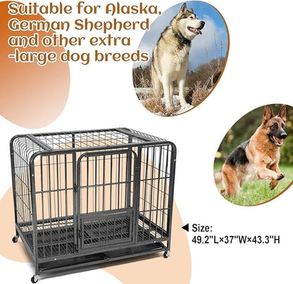 49.2Inch Indestructible Metal Dog Crates for Large Dogs, Heavy Duty Escape Proof Dog Kennel Indoor Extra Large Dog Crate with Lockable Wheels, XXL Dog Crate 49.2" L x 37" W x 43.3" H