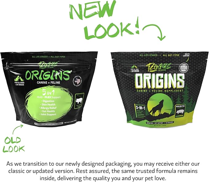 ROGUE PET SCIENCE Origins 5-in-1 Dog Supplement - Powdered Food Topper w/Natural Heirloom Pork Protein- Supports Healthy Digestion, Skin, and Coat - Helps Reduce Itching & Joint Inflammation (2 lbs)