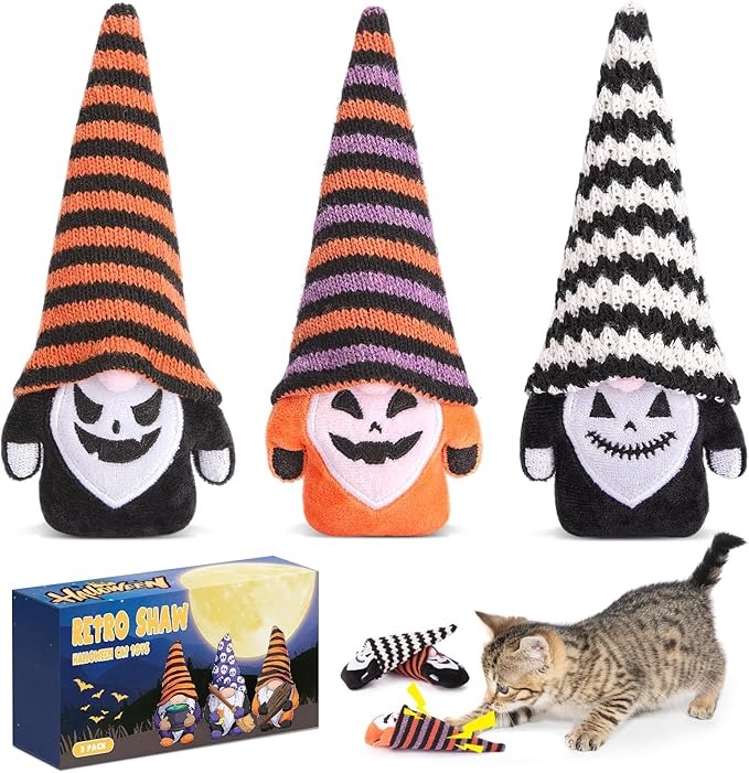 Retro Shaw Cat Toys, Halloween Gnomes 3Pcs, Crinkle Sound Catnip Toys for Indoor Cats Kitten, Interactive Cat Nip Chew Kitty Kicker Toy for All Pet Breeds
