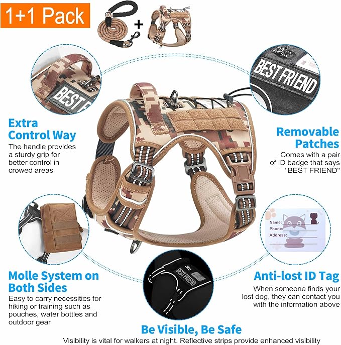 Heavy Duty Tactical Dog Harness for Small Dogs, No Pull Adjustable Pet Harness Reflective Service Training Easy Control Pet Vest Military K9 Working Dog Harnesses- Small, Desert Camo