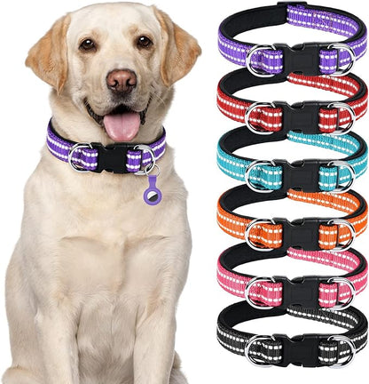 AUAUY Reflective Nylon Dog Collars, Adjustable Classic Pet Collars with Soft Neoprene Padding, Double Security Dual D-Ring and Quick Release Buckle for Small Puppy, Medium and Large Dogs (Purple-M)
