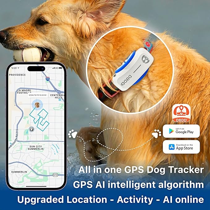AI GPS Tracker for Dogs (30lbs+), Real Time Location and AI Vet Health Management, Electronic Fence, Waterproof, iOS and Android Universalï¼_hiteï¼